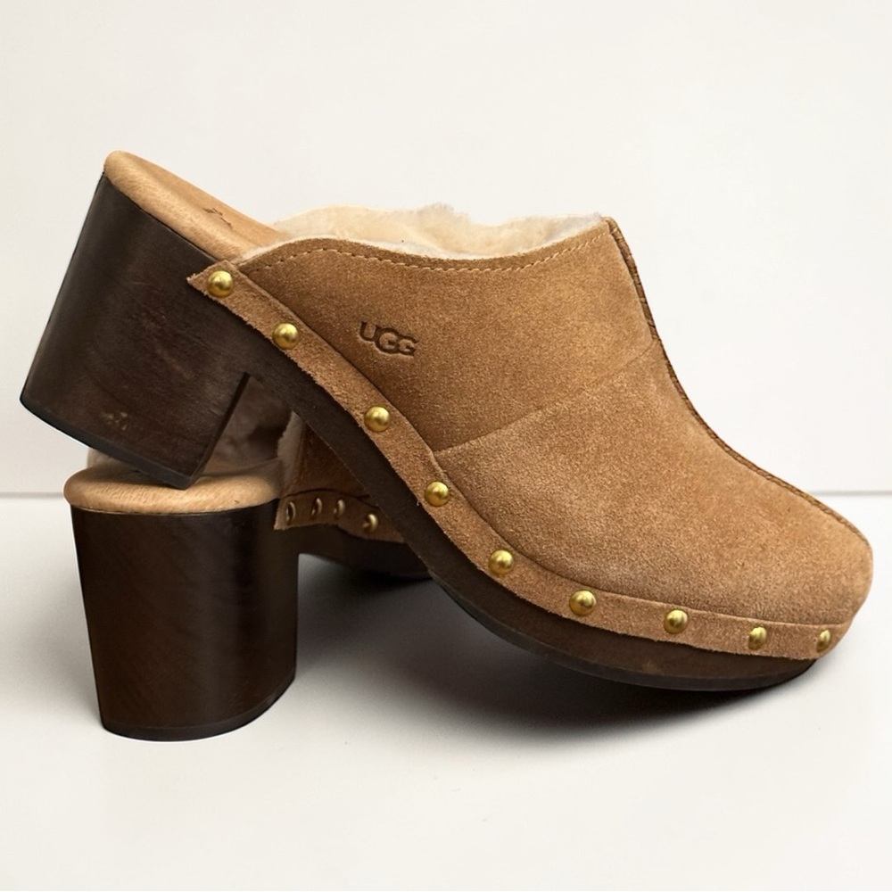 UGG Chestnut Brown Suede Kassi Sherpa Lined Slip On Clogs Heels Size 6 - Picture 4 of 11